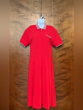Vintage Talbots Short Sleeve Midi Polo Dress Womens M Red Cotton Maxi A-Line EUC